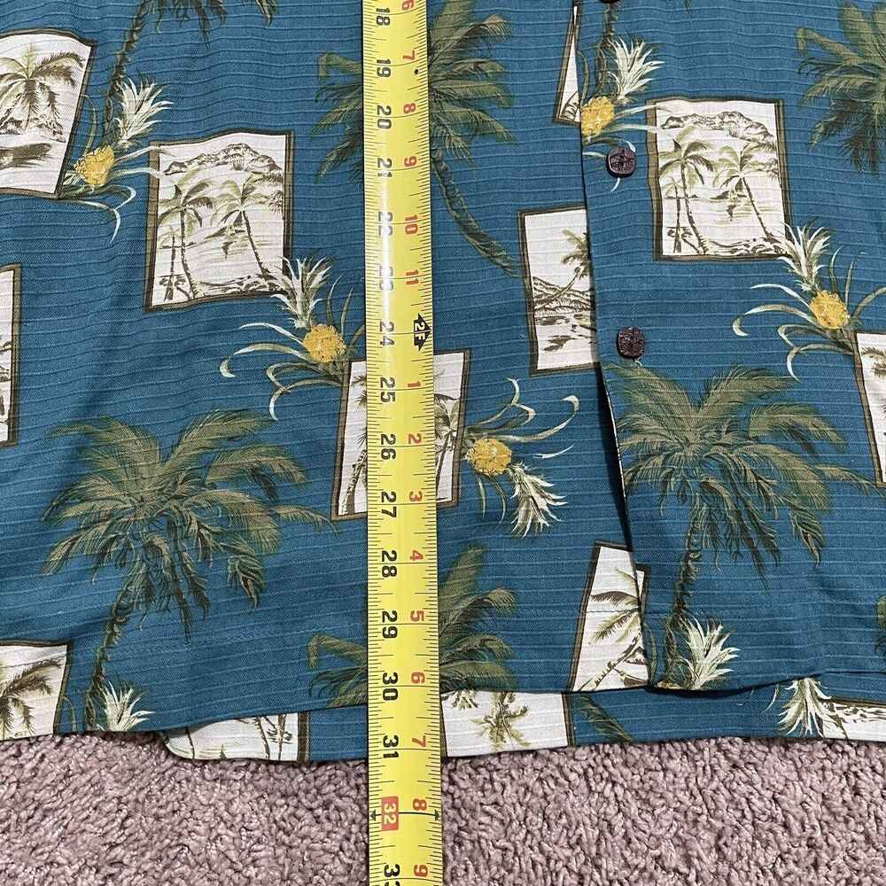 Bermuda Bay Shirt Mens Large Teal Blue Silk Tropical Palm Tree Button Down - Picture 8 of 10